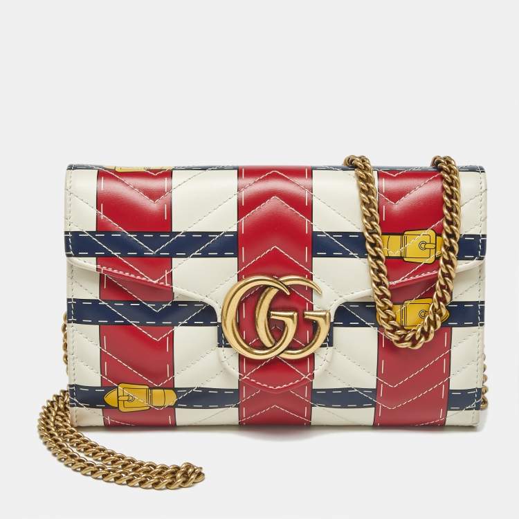 Pre Owned Gucci Multicolor Trompe L'Oeil Print Matelassé Leather GG Marmont Wallet on Chain