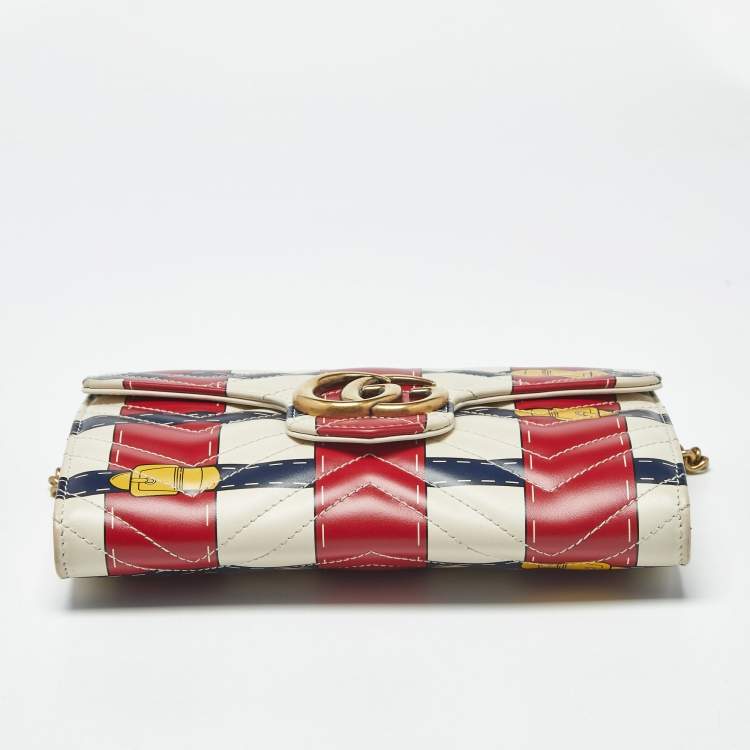Pre Owned Gucci Multicolor Trompe L'Oeil Print Matelassé Leather GG Marmont Wallet on Chain