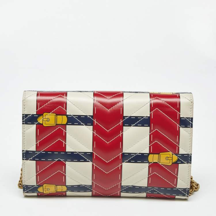 Pre Owned Gucci Multicolor Trompe L'Oeil Print Matelassé Leather GG Marmont Wallet on Chain