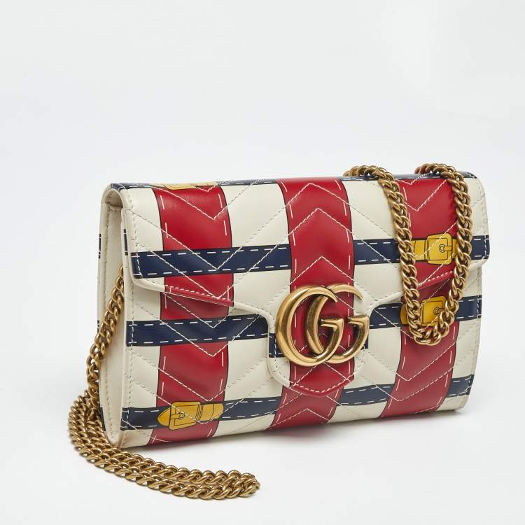 Pre Owned Gucci Multicolor Trompe L'Oeil Print Matelassé Leather GG Marmont Wallet on Chain