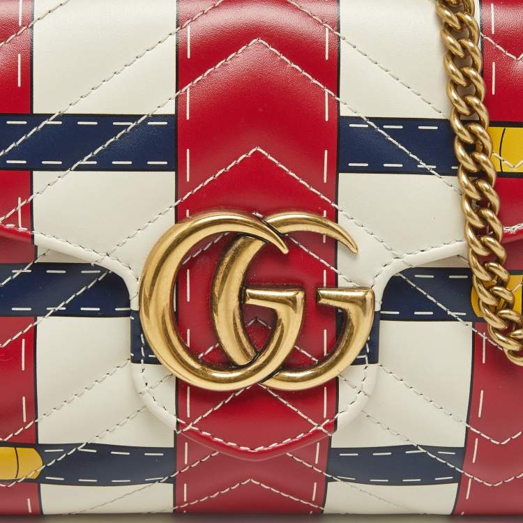 Pre Owned Gucci Multicolor Trompe L'Oeil Print Matelassé Leather GG Marmont Wallet on Chain