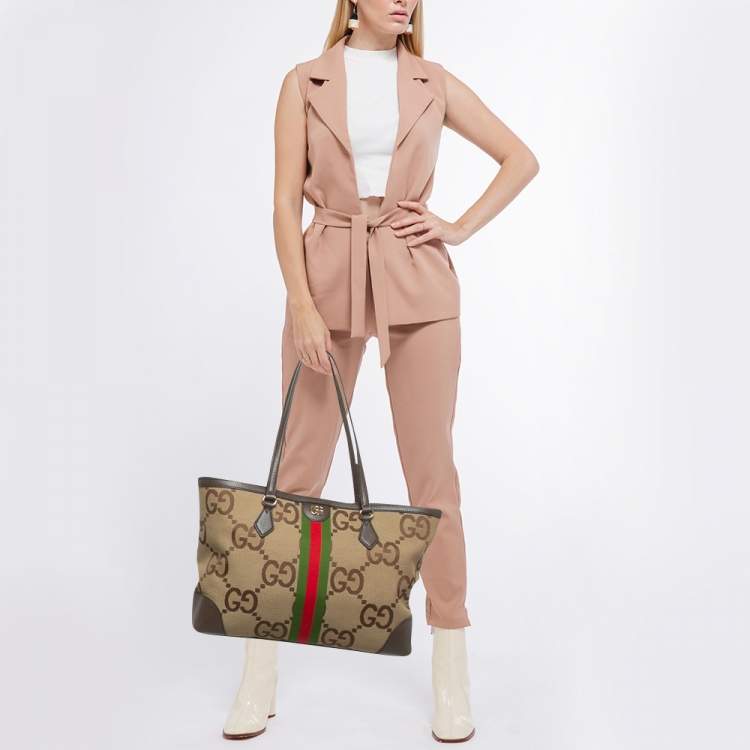 Pre Owned Gucci Beige/Brown Jumbo GG Canvas Medium Ophidia Tote