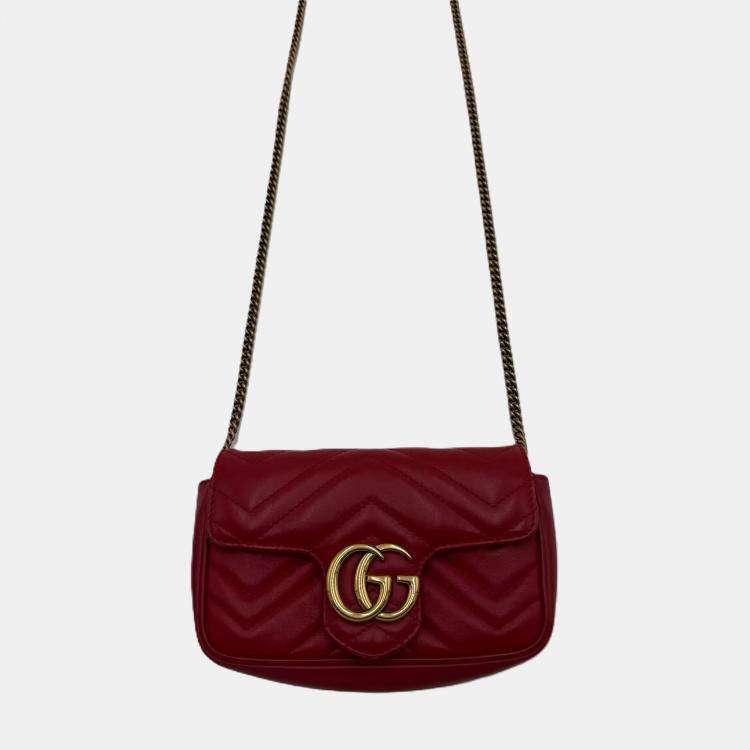 Pre Owned Gucci Marmont Super Mini GG Red Leather Crossbody Bag