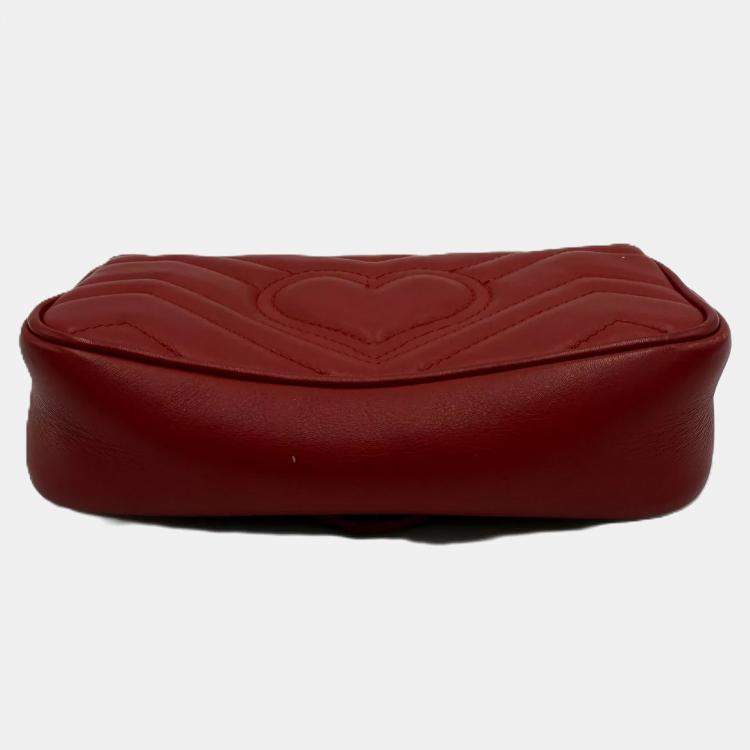 Pre Owned Gucci Marmont Super Mini GG Red Leather Crossbody Bag