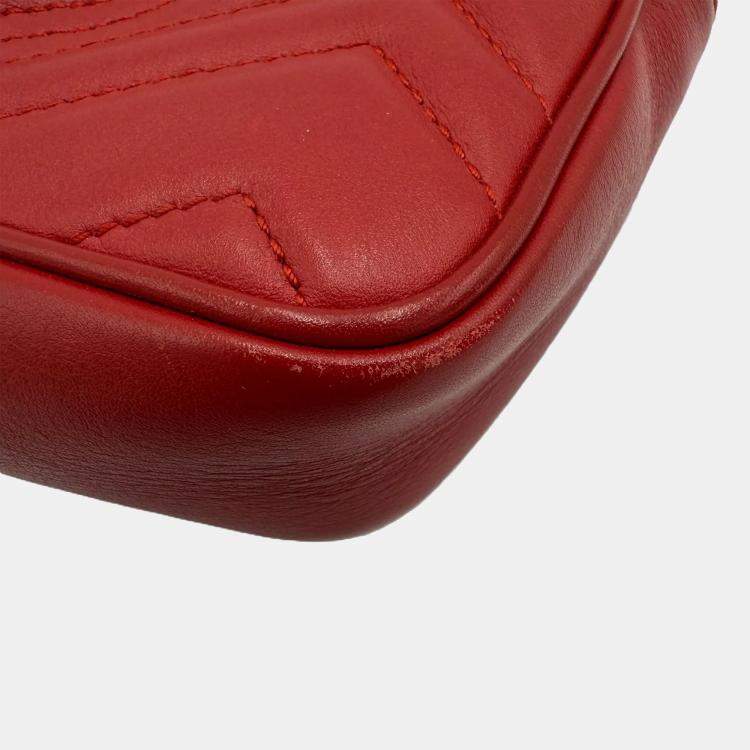 Pre Owned Gucci Marmont Super Mini GG Red Leather Crossbody Bag