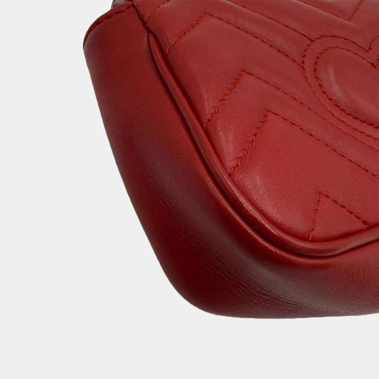 Pre Owned Gucci Marmont Super Mini GG Red Leather Crossbody Bag