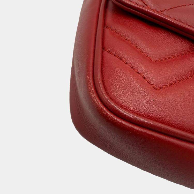 Pre Owned Gucci Marmont Super Mini GG Red Leather Crossbody Bag