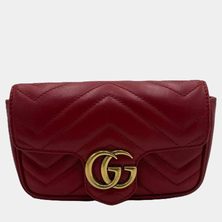 Pre Owned Gucci Marmont Super Mini GG Red Leather Crossbody Bag