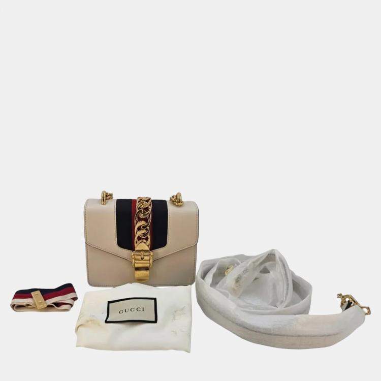 Pre Owned Gucci Sylvie Small Offwhite Leather Web Chain Shoulder Bag