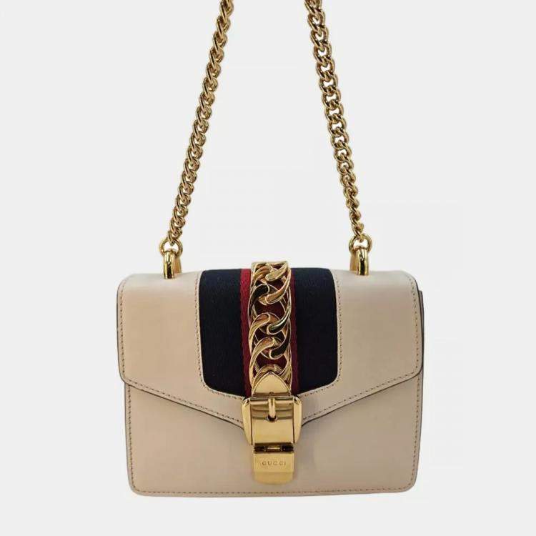 Pre Owned Gucci Sylvie Small Offwhite Leather Web Chain Shoulder Bag