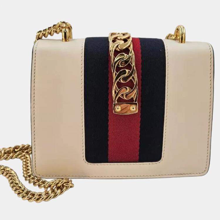 Pre Owned Gucci Sylvie Small Offwhite Leather Web Chain Shoulder Bag