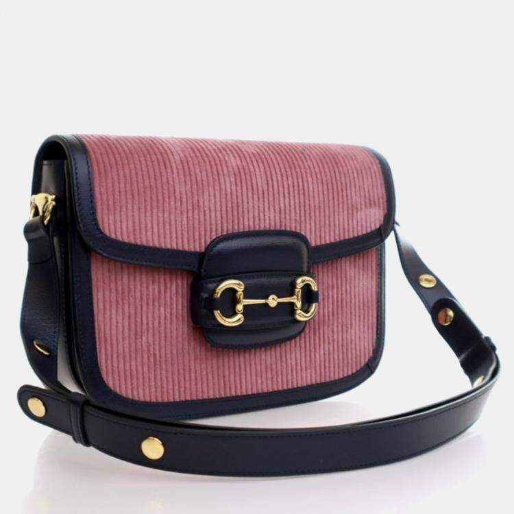 Pre Owned Gucci Horsebit 1955 Small Pink Blue Corduroy Calfskin Shoulder Bag
