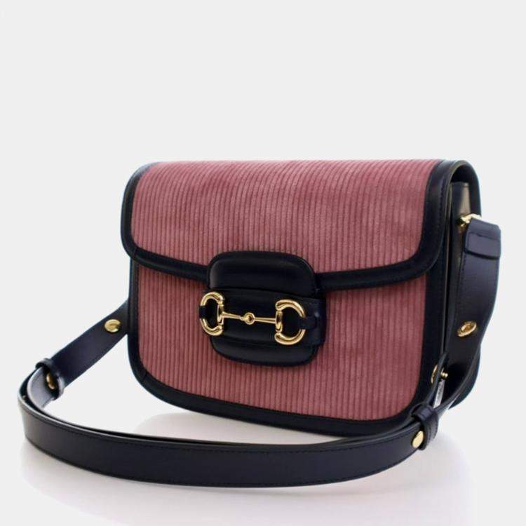 Pre Owned Gucci Horsebit 1955 Small Pink Blue Corduroy Calfskin Shoulder Bag