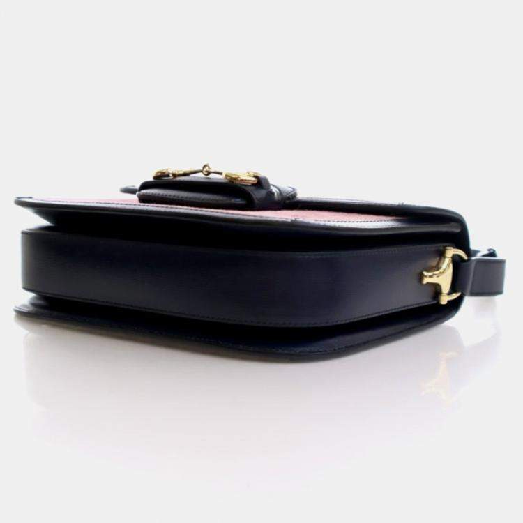 Pre Owned Gucci Horsebit 1955 Small Pink Blue Corduroy Calfskin Shoulder Bag