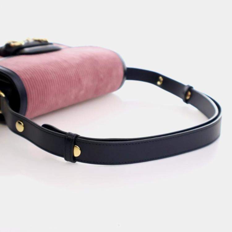Pre Owned Gucci Horsebit 1955 Small Pink Blue Corduroy Calfskin Shoulder Bag