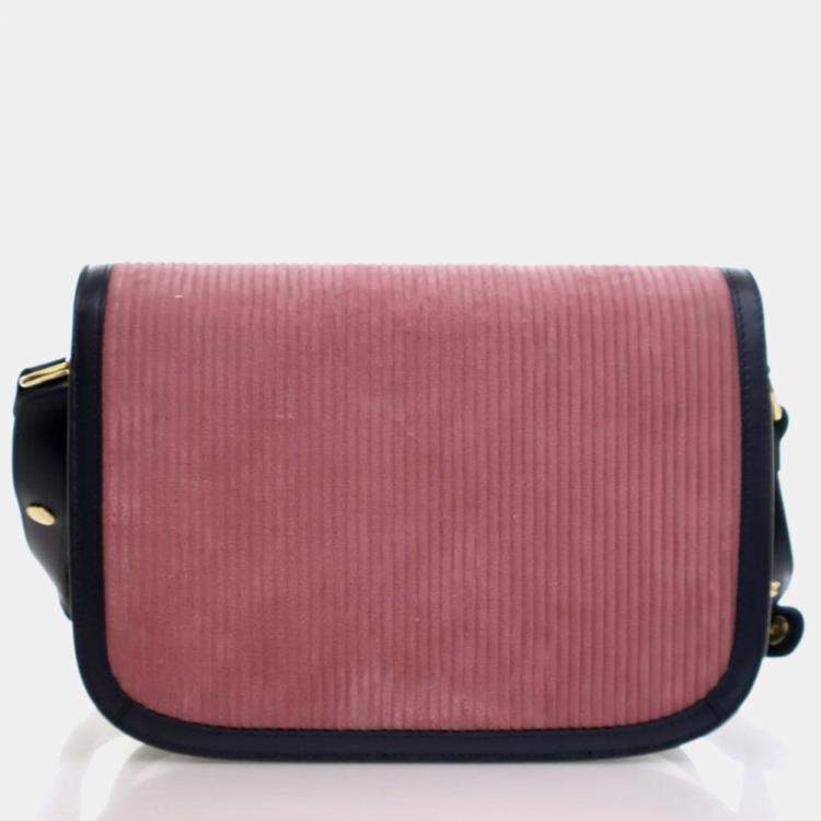 Pre Owned Gucci Horsebit 1955 Small Pink Blue Corduroy Calfskin Shoulder Bag