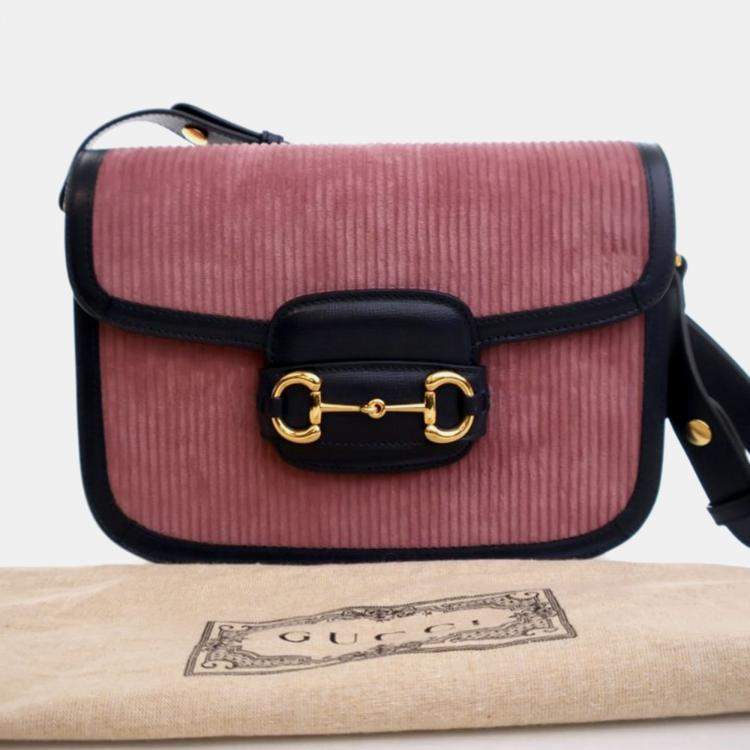Pre Owned Gucci Horsebit 1955 Small Pink Blue Corduroy Calfskin Shoulder Bag