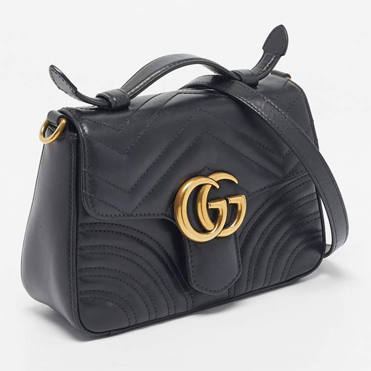 Pre Owned Gucci Black Matelasse Leather Mini GG Marmont Top Handle Bag