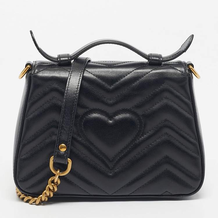 Pre Owned Gucci Black Matelasse Leather Mini GG Marmont Top Handle Bag