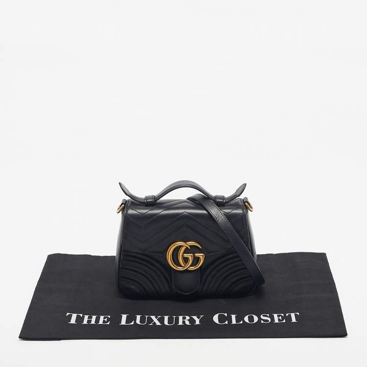 Pre Owned Gucci Black Matelasse Leather Mini GG Marmont Top Handle Bag