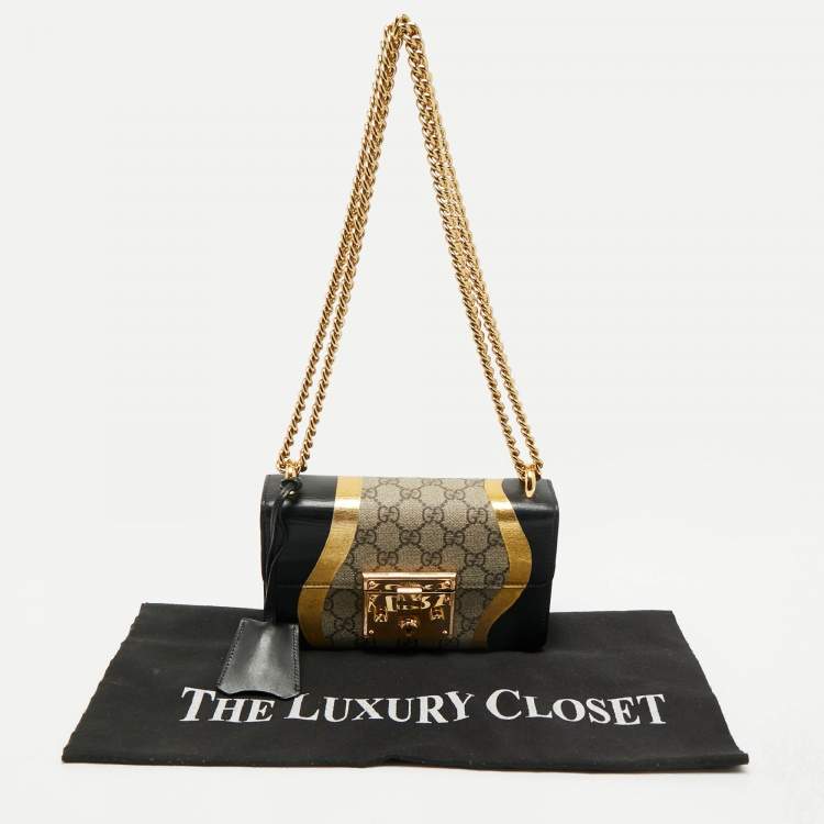 Pre Owned Gucci Black/Gold GG Supreme Canvas and Leather Small Padlock Shoulder Bag