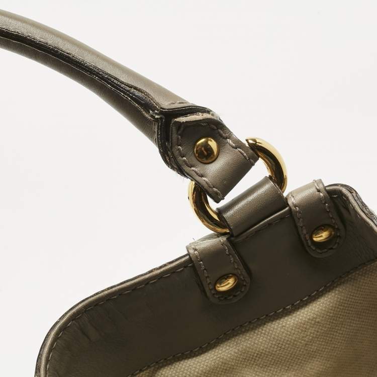 Pre Owned Gucci Grey/Beige GG Canvas and Leather Large Scarlett Stud Tote
