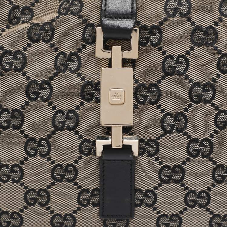 Pre Owned Gucci Black/Beige GG Canvas and Leather Jackie Hobo