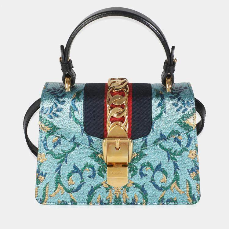Pre Owned Gucci Blue Iridescent Embroidered Brocade Mini Sylvie Top Handle Bag