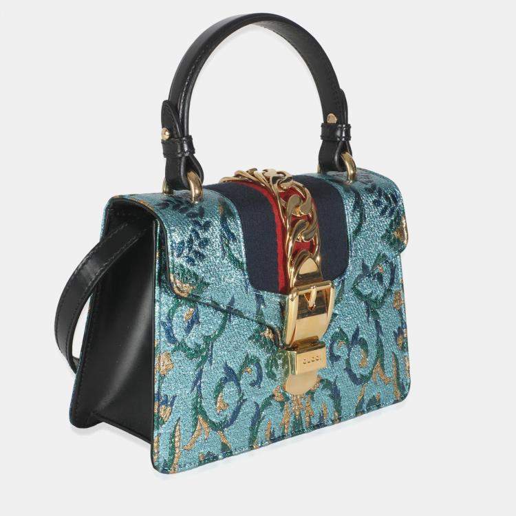 Pre Owned Gucci Blue Iridescent Embroidered Brocade Mini Sylvie Top Handle Bag