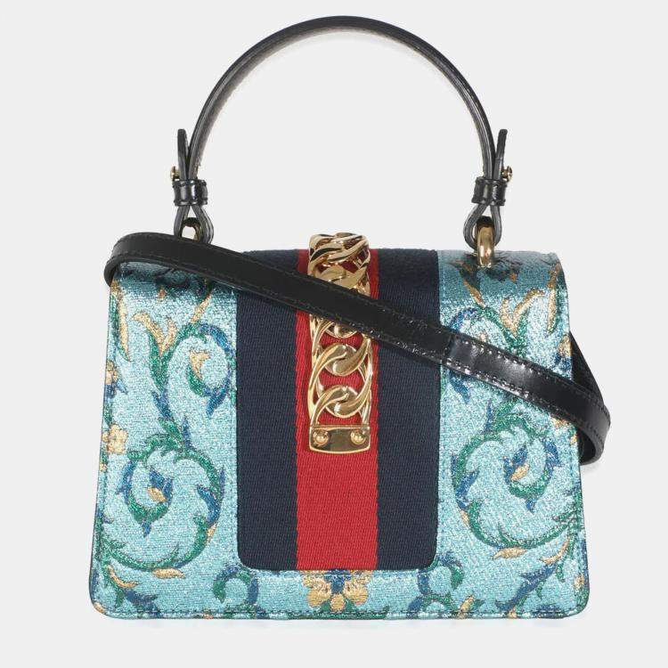 Pre Owned Gucci Blue Iridescent Embroidered Brocade Mini Sylvie Top Handle Bag