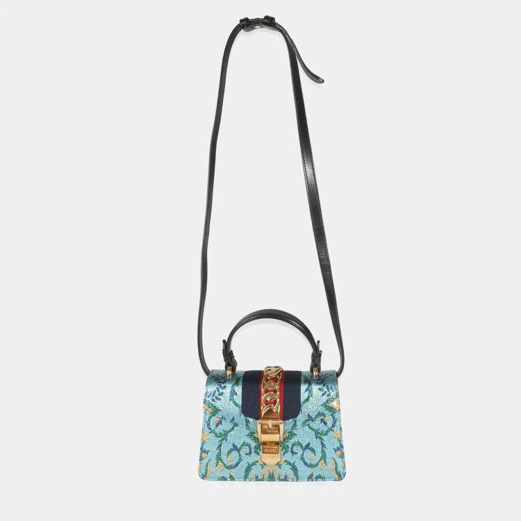 Pre Owned Gucci Blue Iridescent Embroidered Brocade Mini Sylvie Top Handle Bag