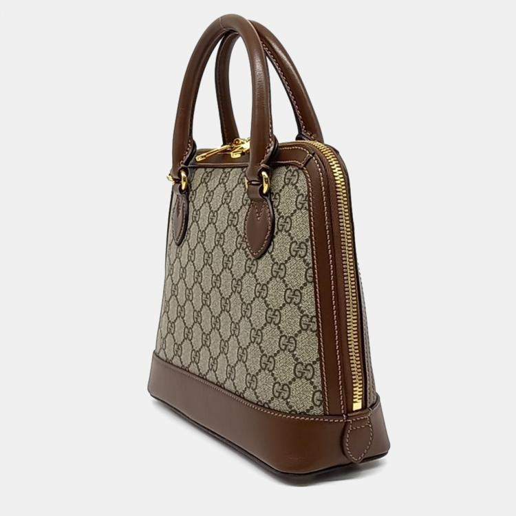 Pre Owned Gucci Beige Brown PVC 1955 Horsebit Top Handle Bag Small