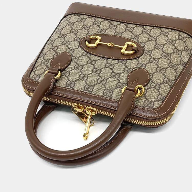 Pre Owned Gucci Beige Brown PVC 1955 Horsebit Top Handle Bag Small