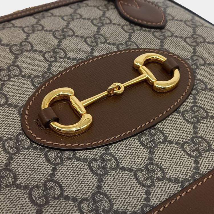 Pre Owned Gucci Beige Brown PVC 1955 Horsebit Top Handle Bag Small