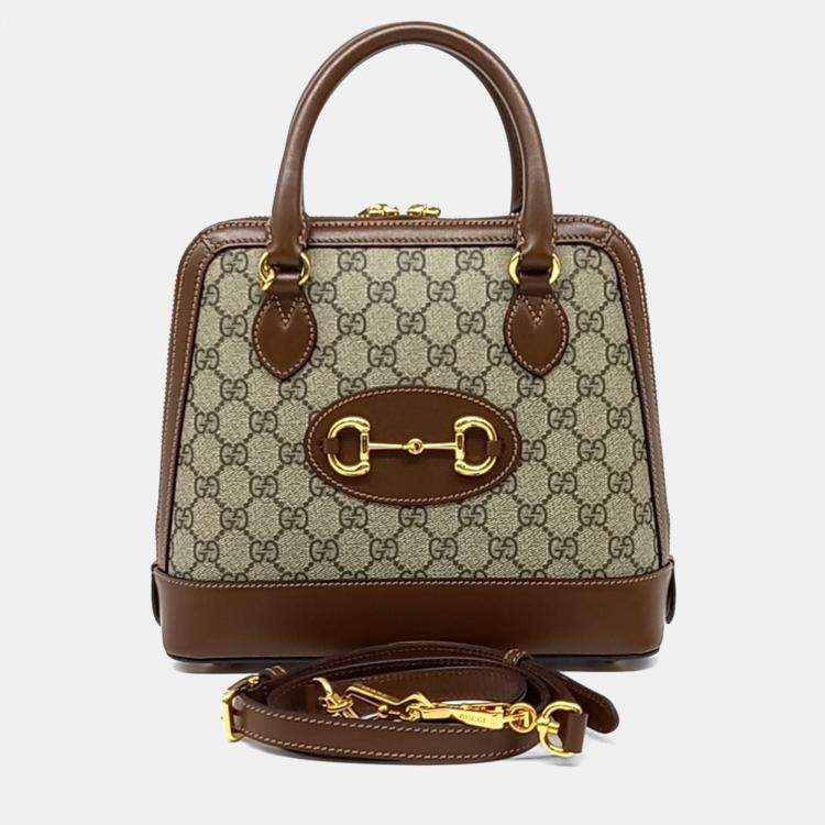 Pre Owned Gucci Beige Brown PVC 1955 Horsebit Top Handle Bag Small