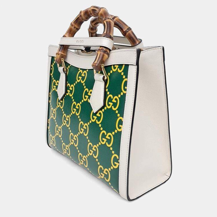 Pre Owned Gucci Green Leather Diana Bamboo Tote Bag Small