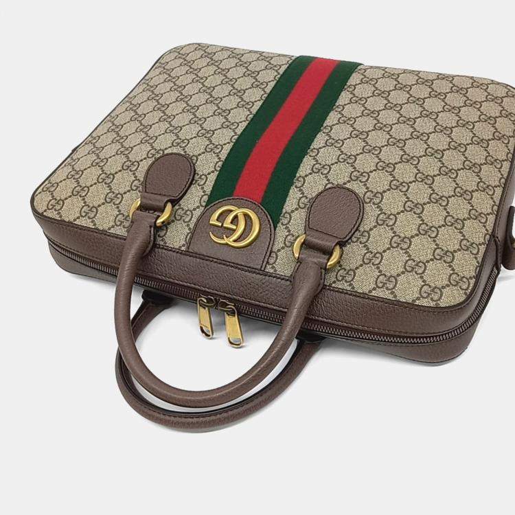Pre Owned Gucci Beige Brown Canvas and Leather Ophidia Briefcase