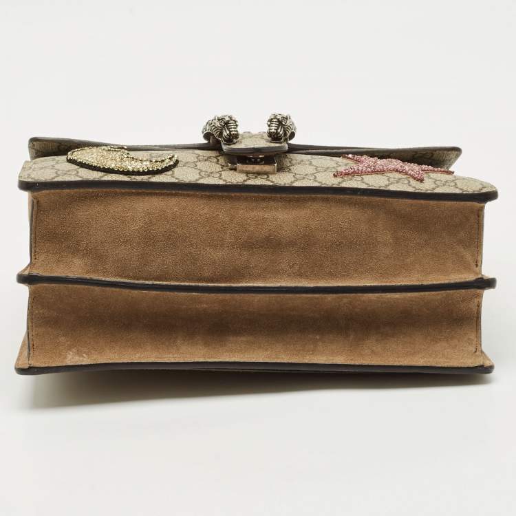 Pre Owned Gucci Beige GG Supreme Canvas and Suede Medium Crystals Embellished Dionysus Shoulder Bag