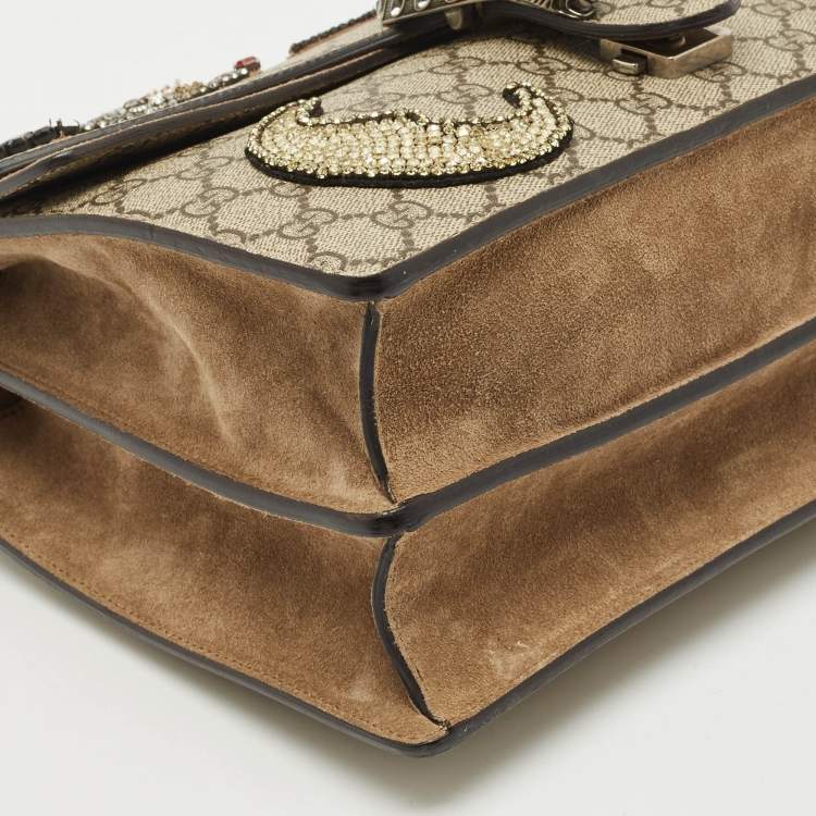 Pre Owned Gucci Beige GG Supreme Canvas and Suede Medium Crystals Embellished Dionysus Shoulder Bag