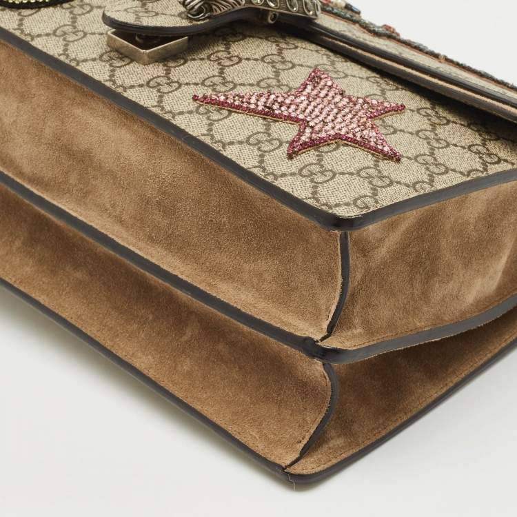 Pre Owned Gucci Beige GG Supreme Canvas and Suede Medium Crystals Embellished Dionysus Shoulder Bag