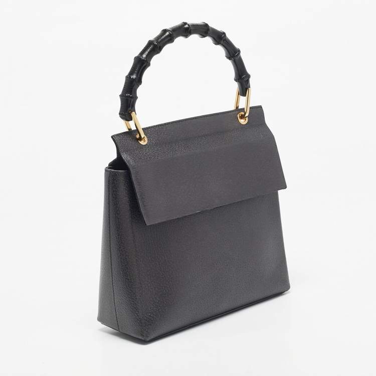 Pre Owned Gucci Black Leather Bamboo Top Handle Bag
