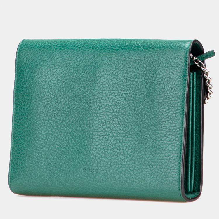 Pre Owned Gucci Green Mini Leather Dionysus Wallet on Chain