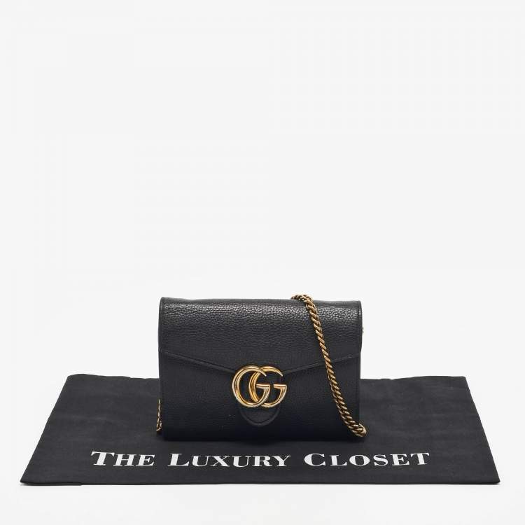 Pre Owned Gucci Black Leather GG Marmont Wallet on Chain