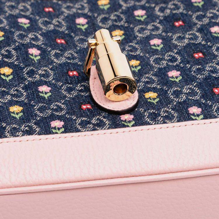 Pre Owned Gucci Blue Pink Limited Edition Small GG Embroidered Denim Floral Jackie 1961 Crossbody