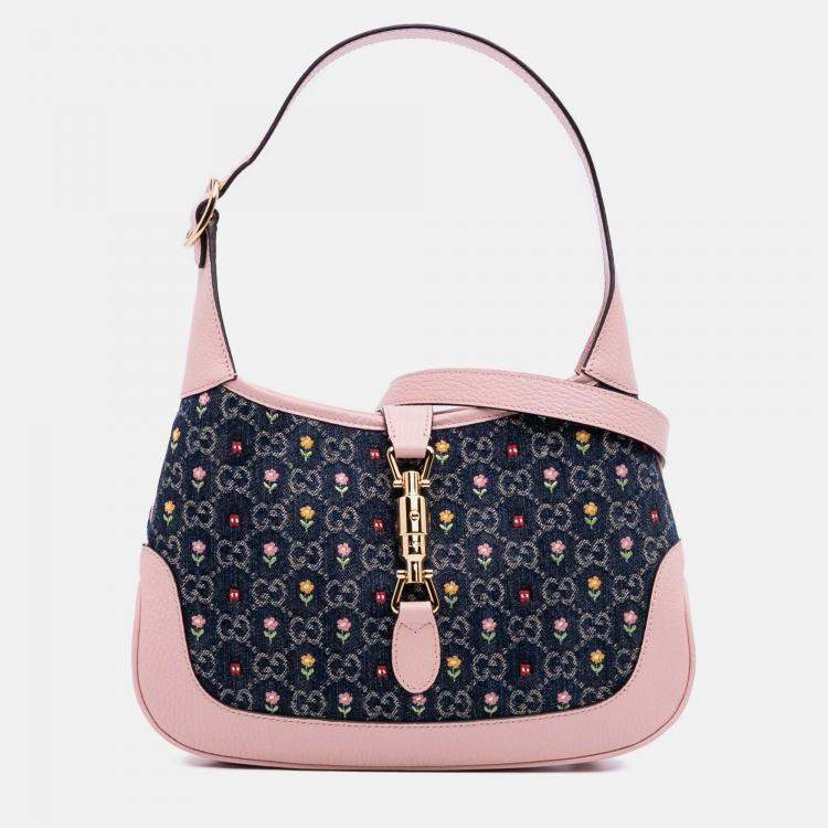 Pre Owned Gucci Blue Pink Limited Edition Small GG Embroidered Denim Floral Jackie 1961 Crossbody