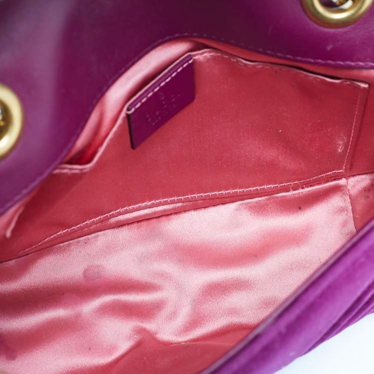 Pre Owned Gucci Purple Matelassé Velvet Mini GG Marmont Shoulder Bag