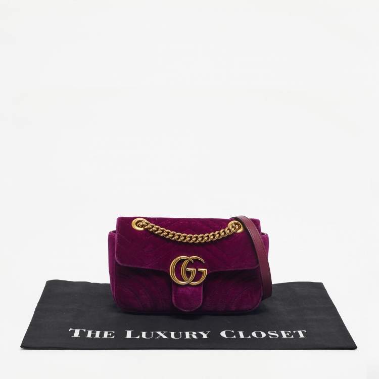 Pre Owned Gucci Purple Matelassé Velvet Mini GG Marmont Shoulder Bag
