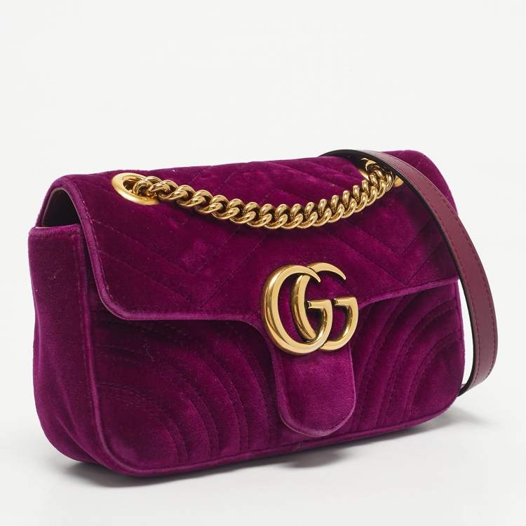 Pre Owned Gucci Purple Matelassé Velvet Mini GG Marmont Shoulder Bag