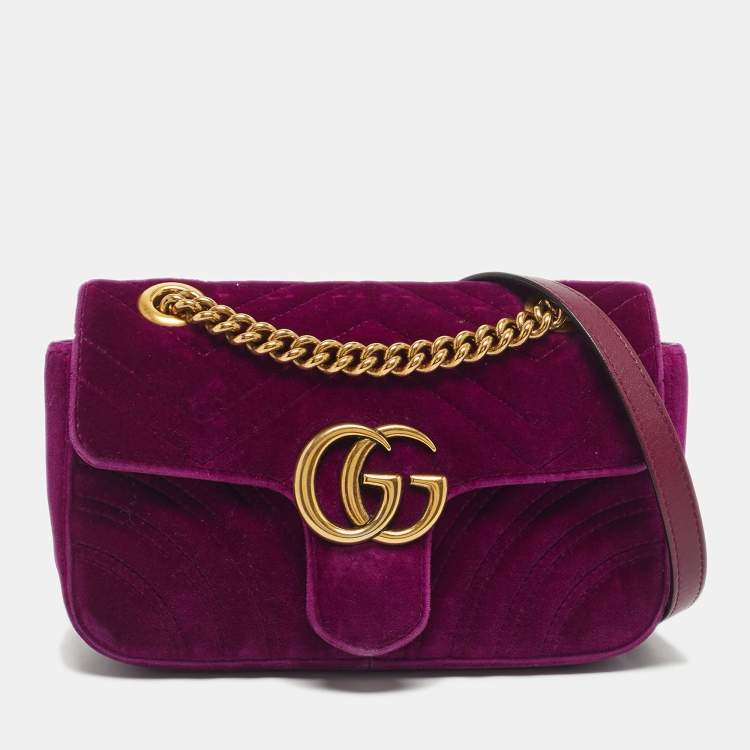 Pre Owned Gucci Purple Matelassé Velvet Mini GG Marmont Shoulder Bag