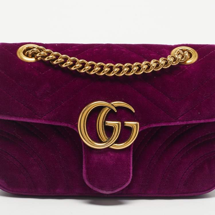 Pre Owned Gucci Purple Matelassé Velvet Mini GG Marmont Shoulder Bag